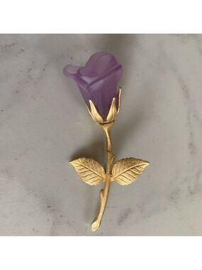 Vintage Gold Long Stemmed Purple Rose Brooch Lapel Pin